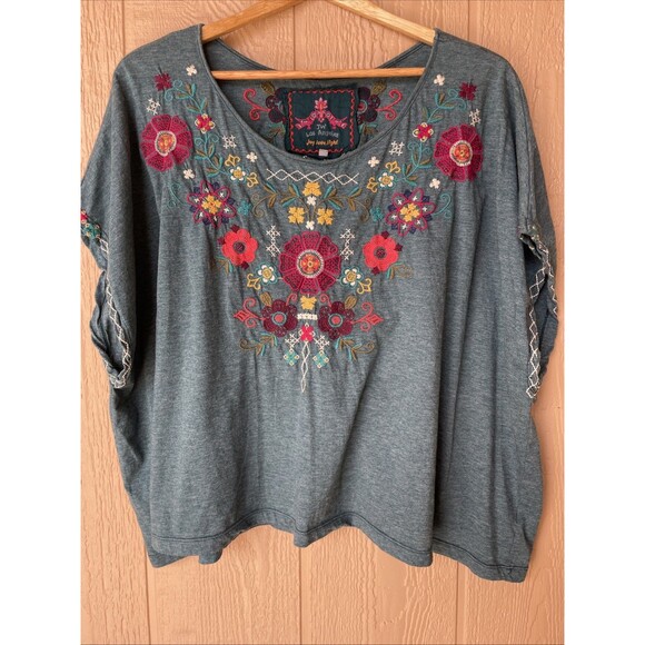 Johnny Was RELAXED Tunic Shirt Teal Floral Size M Cotton Two Sided Flowy Boho - Picture 1 of 8